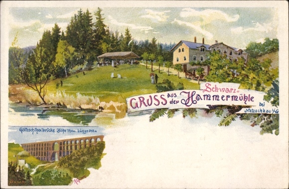 Litho Netzschkau im Vogtland, Gastwirtschaft Schwarzhammermühle, Göltzschtalbrücke