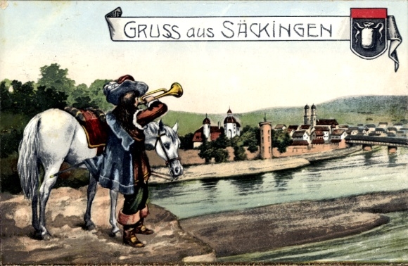 Artist Postcard Bad Säckingen am Hochrhein, Panorama, Trumpeter