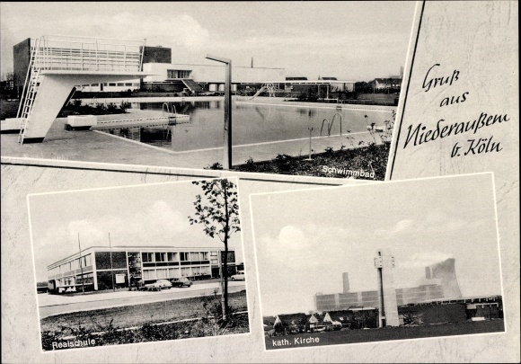 Postcard Niederaussem Bergheim in the Rhine Erft district, swimming pool, junior high school, cath. Church