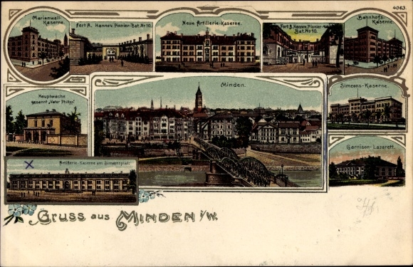 Chromo-Litho Minden in Westphalia, Marienwall barracks, new artillery barracks, main guard, Simeon&#39;s barracks