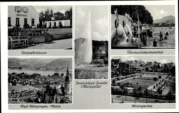 Postcard Bad Hönningen am Rhein, Gesundbrunnen, Rosengarten, Deutschlandsprudel, bathhouse, thermal baths