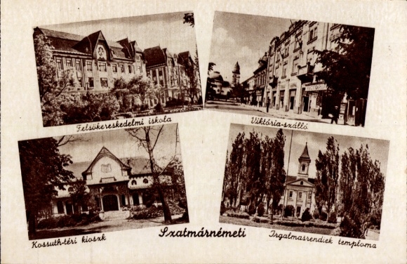 Ak Satu Mare Szatmárnémeti Roemenië, Felsökereskedelmi iskola, Viktória-snálló, Kossuth teri kios