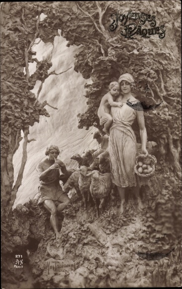 Artist Postcard Mastroianni, Domenico, congratulations Easter, shepherd, sheep, woman and baby, allegory 271