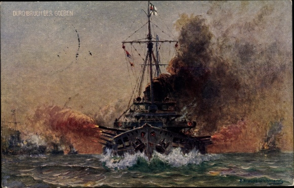 Artist PC Krause Wichmann, German warship, Goeben, Breslau, blockade in Messina, I WW