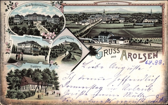 Chromo-Litho Bad Arolsen in Hesse, New Castle, Waldeck Castle, Fischhaus, Fürstl. residential palace