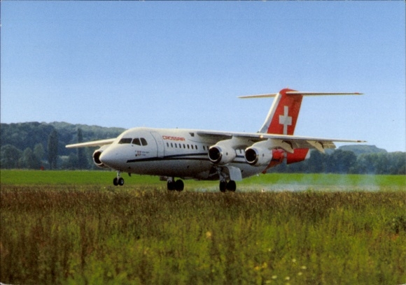 Postcard Swiss passenger aircraft, Crossair, BAe 146 200 Jumbolino