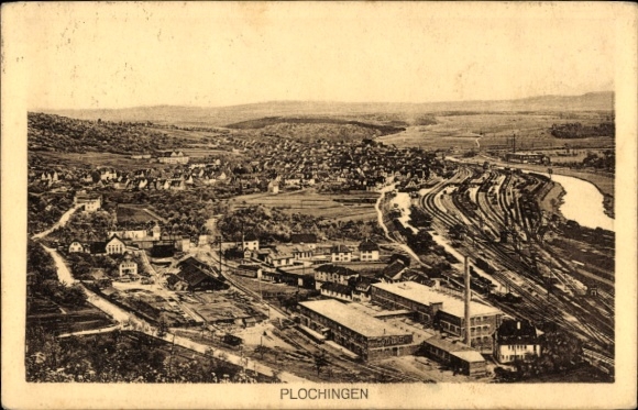 Postcard Plochingen am Neckar, aerial view of industrial building, railway line, landscape