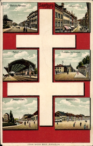 lito Sarrebourg Saarburg Lorraine Moselle, Bahnhofstrasse, Langestrasse, dworzec kolejowy, targ