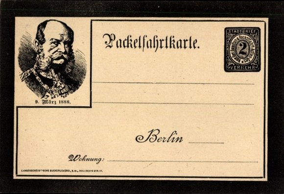 KP Cesarz Prus Wilhelm I, 1888, prywatna poczta miejska, wycieczka pakietowa