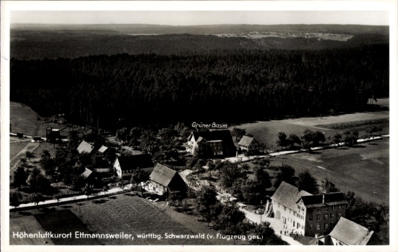Postcard Ettmannsweiler Simmersfeld in the Black Forest, aerial view of the Black Forest, Green Tree, Hotels