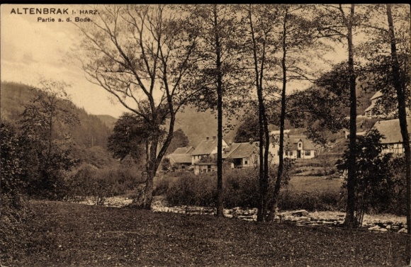 Postcard Altenbrak Thale in the Harz Mountains, landscape photograph, river Bode, houses, trees, Harz