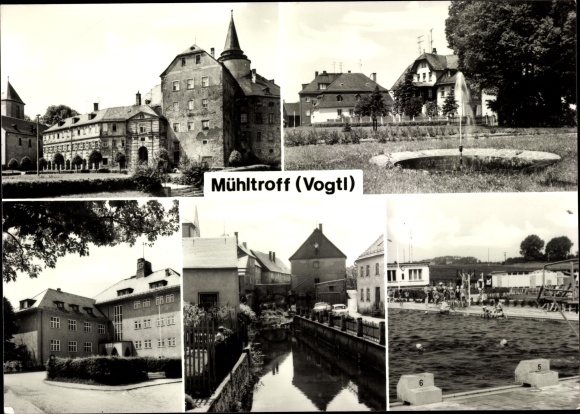 Ak Mühltroff in Vogtland Saksen, kasteel, buitenzwembad, gedeeltelijk uitzicht