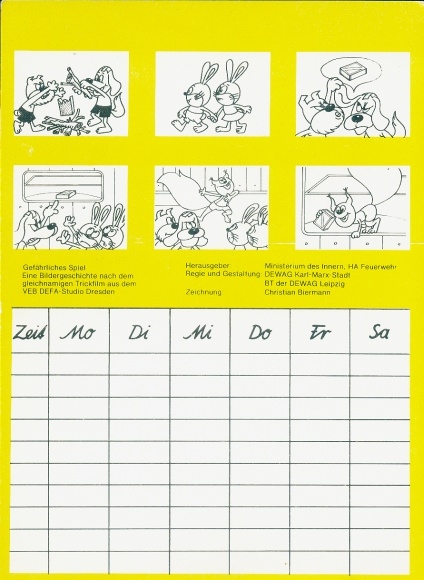 Timetable Fire Brigade, Dangerous Game, Fire, Picture Story, Rabbits and Dogs