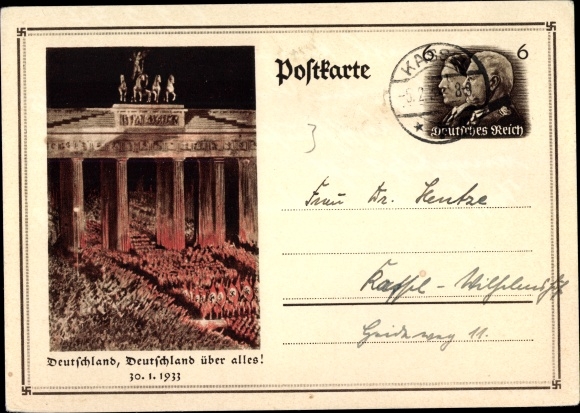 Ganzsachen Ak Berlin, Deutschland über alles, Aufmarsch 30.01.1933, Brandenburger Tor