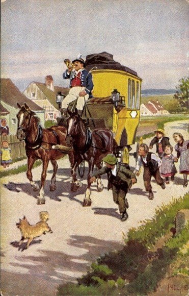 Lied Künstler Ak Hey, Paul, Volksliederkarte Nr. 19, Trara, die Post ist da, Postkutsche, Kinder