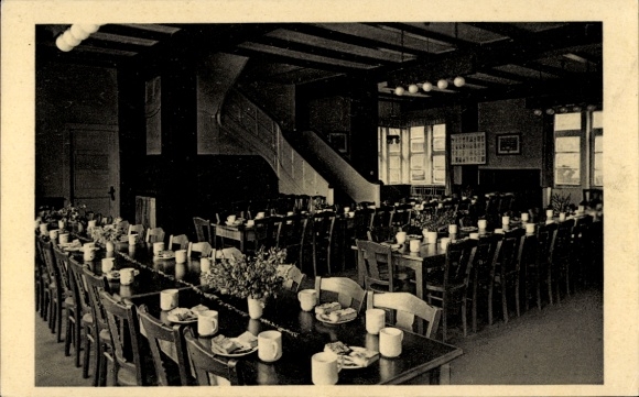 Postcard Kakenstorf in Lower Saxony, dining room, long tables, chairs, ceramic cups