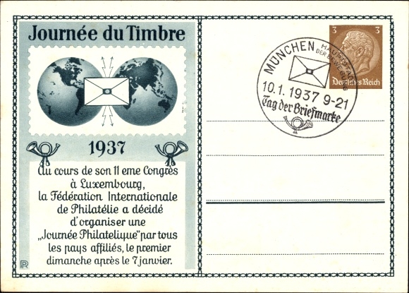Postwaardestuk postzegeldag 1937, 11e Congres van de Fédération Int. de Filatelie in Luxemburg