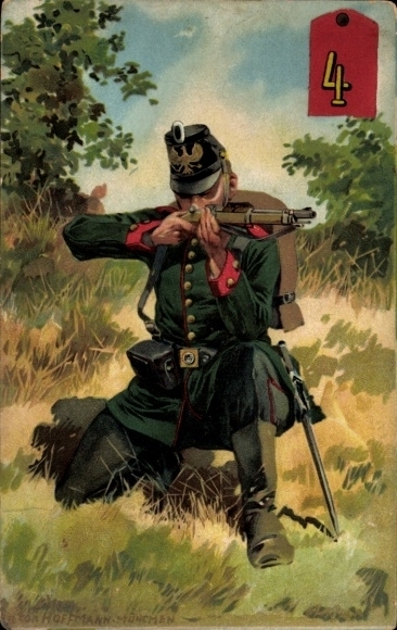 Kunstenaar litho Hoffmann, A., Duitse soldaat, wachtjager, munitiegordel, geweer, Empire
