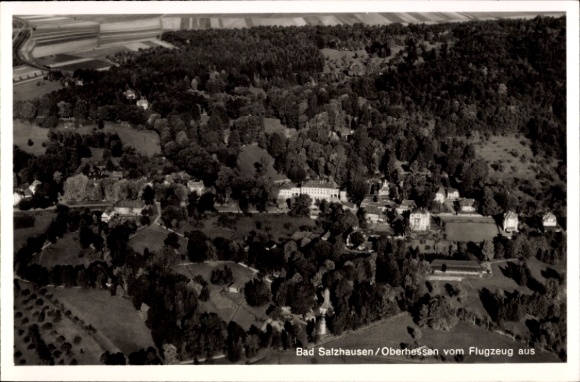 Postcard Bad Salzhausen Nidda in Hesse, aerial photograph, forest landscape, buildings, historical