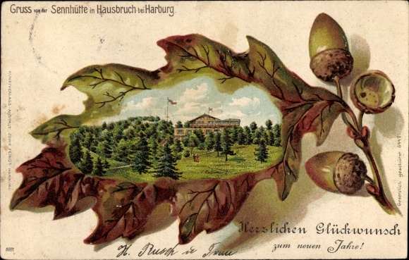 Embossed oak leaf litho Hamburg Harburg Hausbruch, Sennhütte, Happy New Year