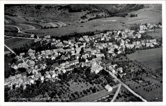 Postcard Mehrstetten Swabian Alb Württemberg, aerial view of landscape, buildings, trees