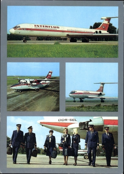 Postcard German passenger plane, Interflug, DDR SEL, Ilyushin IL 62, flight attendants, pilots
