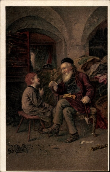 Judaica Artist Postcard Knauss, Solomonic Wisdom, Old Man with Pipe and Boy