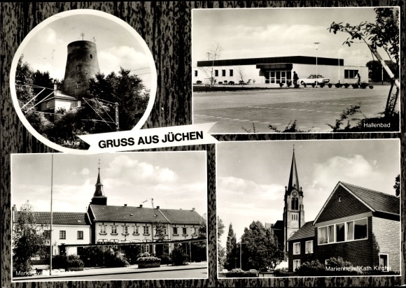 Postcard Jüchen North Rhine-Westphalia, mill, indoor swimming pool, Marienheim, market, Ev. Church