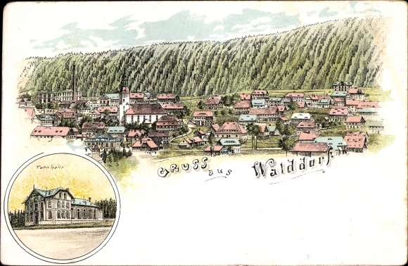 Litho Walddorf Kottmar in der Oberlausitz, Totalansicht, Turnhalle