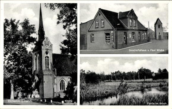 Postcard Eickeloh in Lower Saxony, church, commercial building, in Bruch