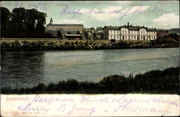 Postcard Rudolstadt in Thuringia, castle, train station
