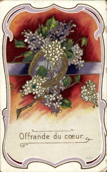 Embossed passepartout Postcard flowers, horseshoes, lilacs