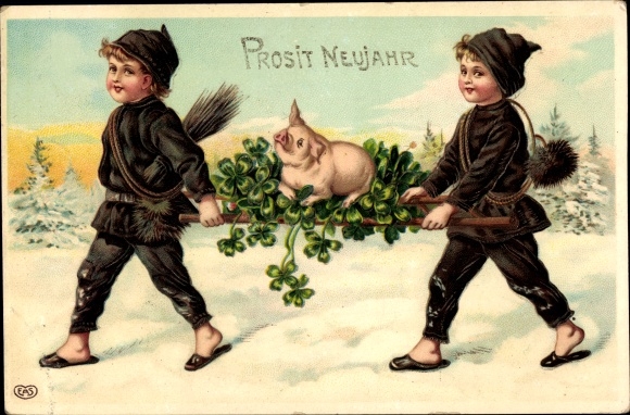 Embossed Chromo-Litho Happy New Year, chimney sweeps carry pig on shamrocks