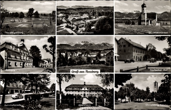 Postcard Penzberg in Upper Bavaria, Neusteigerberg, St. Johannisrain, town hall, Staltacher Hof, retirement home