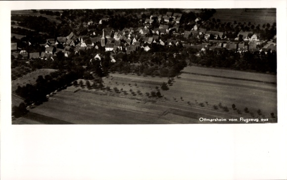 Postcard Ottmarsheim Alsace Haut Rhin, aerial photograph of black and white, houses, fields