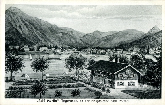 Postcard Tegernsee in Upper Bavaria, Café Martin on the main road to Rottach