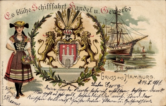 Coat of arms Chromo-Litho Hamburg, May shipping, trade and commerce flourish, woman in traditional costume