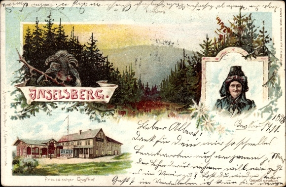 Litho Brotterode in Thüringen, Inselsberg, Preußischer Gasthof, Frau in Tracht