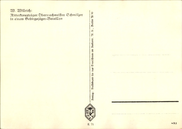 Artist Postcard Willrich, Wolfgang, Knight's Cross holder Oberwachmeister Schmölzer, portrait, VDA E 71