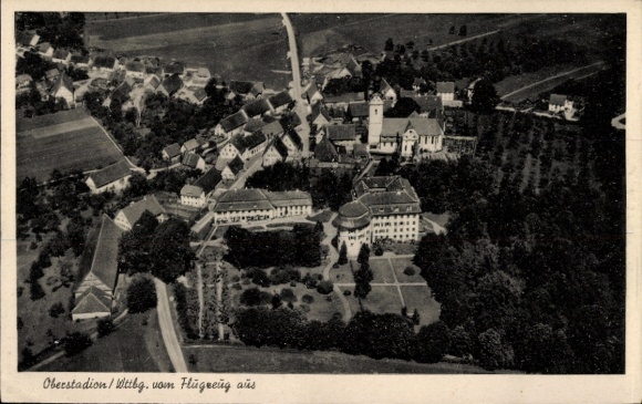 Postcard Oberstadion in Upper Swabia, aerial photograph