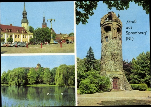 Ak Spremberg in Lausitz, marktplein, zwanenvijver, kasteel, Georgenbergtoren