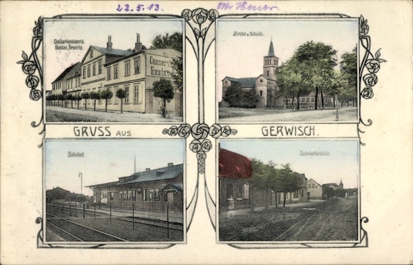 Ak Gerwisch Biederitz Jerichower Land, Konserven, Bahnhof, Kirche, Schule, Bahnhofstraße
