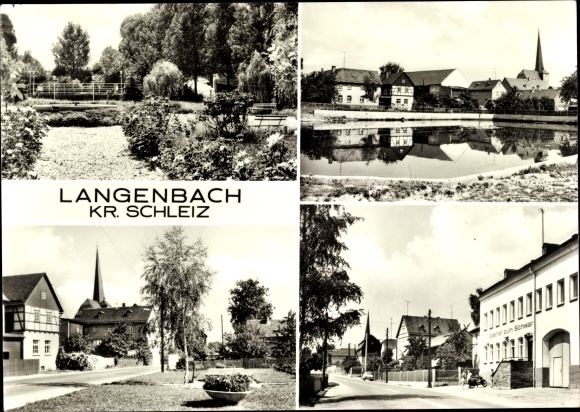 Ak Langenbach Pausa Mühltroff in Vogtland Saksen, Gasthof zum Schwan, vijver, straatgedeelte