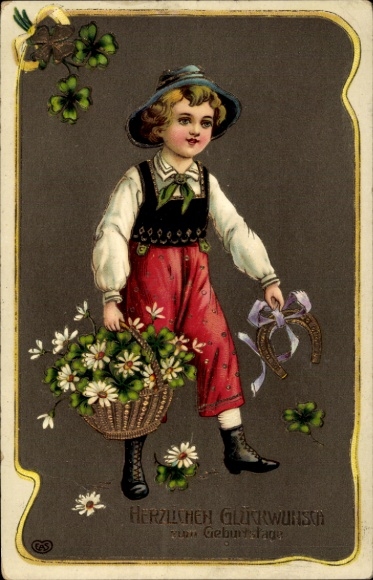 Glitter Embossed Postcard Congratulations Birthday, Clover, Boy with Flowers, Horseshoe