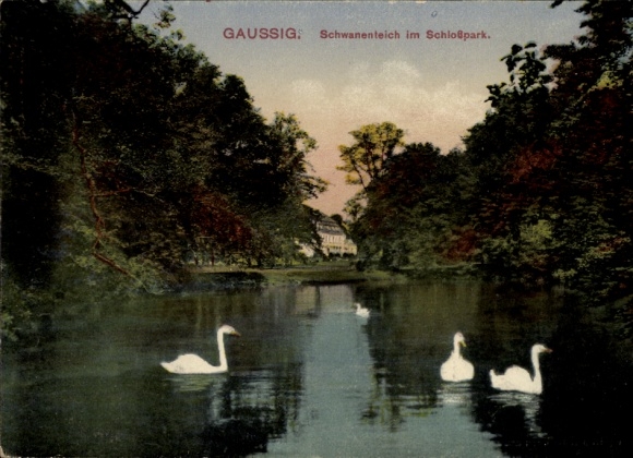 Ak Gaußig in Oberlausitz, zwanenvijver in het kasteelpark
