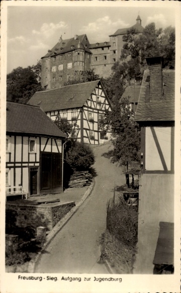 Postcard Freusburg churches on the Sieg, entrance to the youth castle