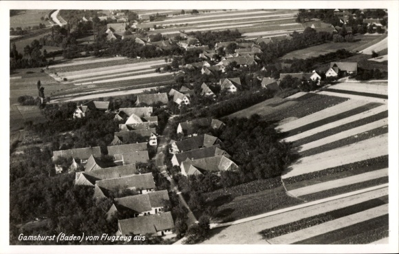 Postcard Gamshurst Achern in Baden Black Forest, aerial view of Gamshurst, rural surroundings, fields