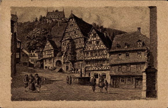 Artist Postcard Geiling W., Miltenberg in Lower Franconia Bavaria, group of houses from the 16th century