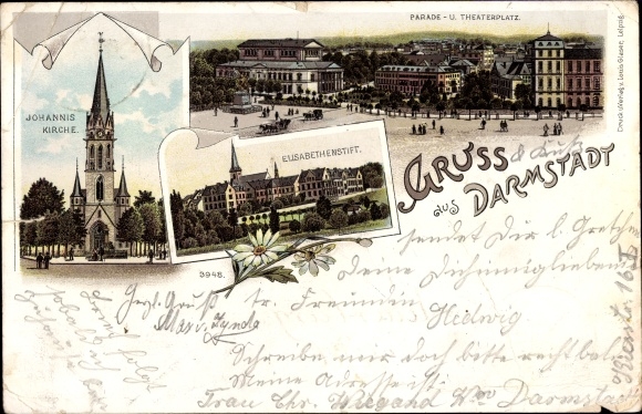 Chromo-Litho Darmstadt Hessen, Elisabethenstift, Theaterplatz, Johanniskirche