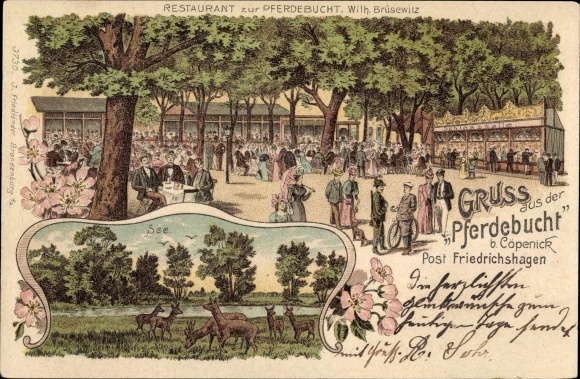 Litho Berlin Köpenick Friedrichshagen, Restaurant zur Pferdebucht, Inh. Wilh. Brüsewitz, Terrasse